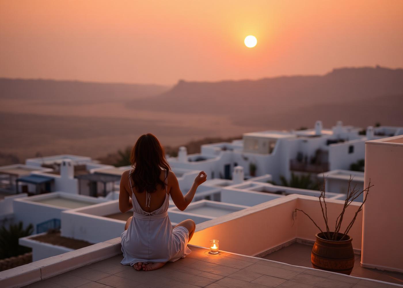 A guest meditating on a rooftop terrace at sunrise