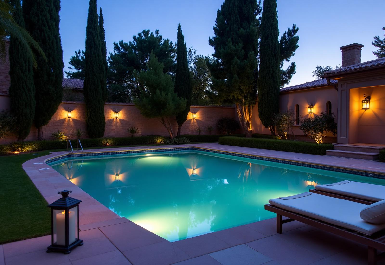 Pool in a walled Mediterranean garden lit by lanterns at dusk